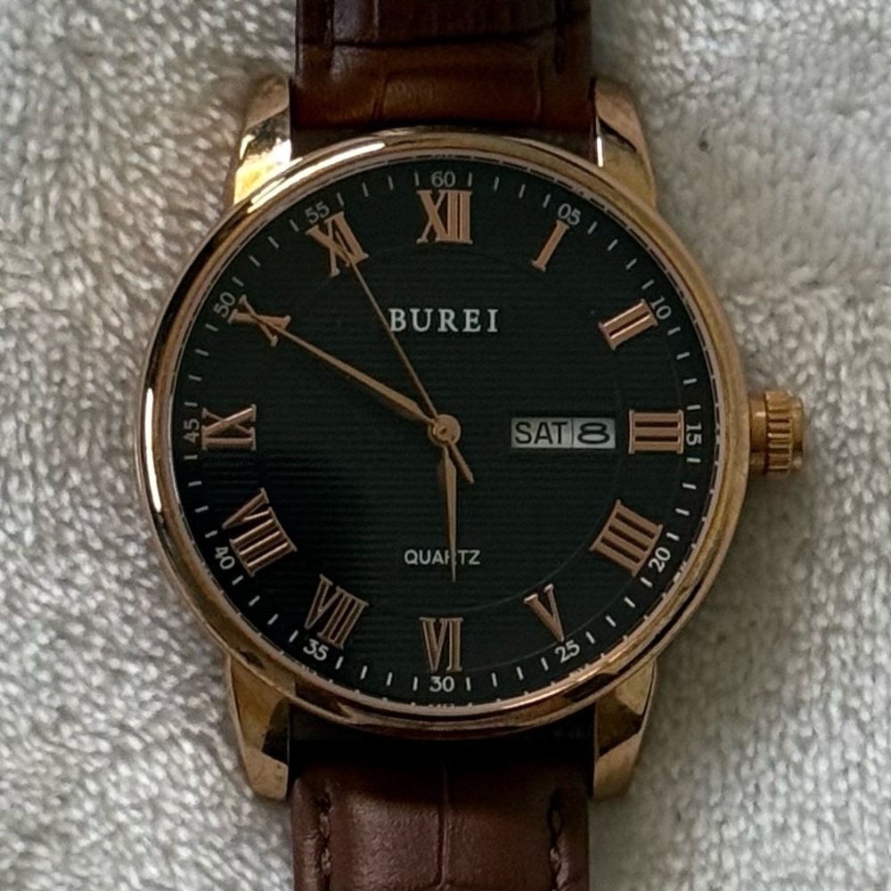 BUREI Green Dial Watch Gold-Tone Brown Leather Roman Numeral Day-Date
